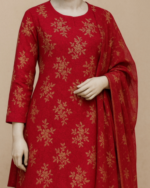 3-Piece Lawn Karandi Suit with Chiffon Dupatta