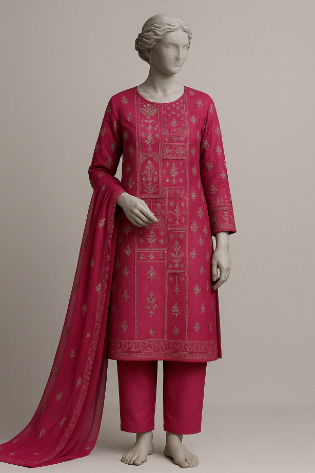 Reddish Maroon Embroidered 3-Piece Lawn Karandi