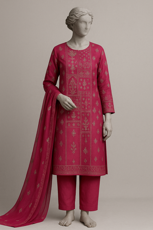 Reddish Maroon Embroidered 3-Piece Lawn Karandi